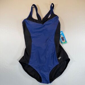 Speedo Womens Colorblock One Piece Swimsuit Blue Black XL 7722190 NEW